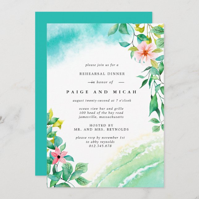 Invitación Ensayo del Boda de acuarela tropical botánico (Anverso / Reverso)