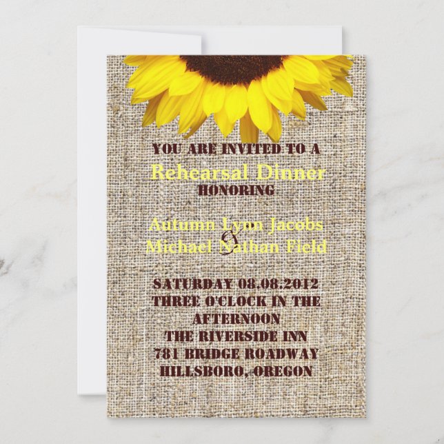 Invitación Ensayo del Boda de Burlap Sunflower rústico (Anverso)