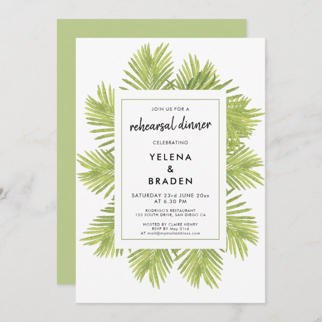 Invitación Ensayo del boda de la palmera tropical (Anverso / Reverso)