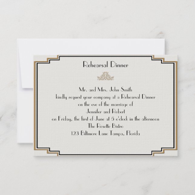 Invitación Ensayo del Boda de oro posado Art Deco (Anverso)