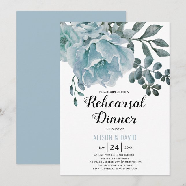 Invitación Ensayo del boda floral azul turbio (Anverso / Reverso)