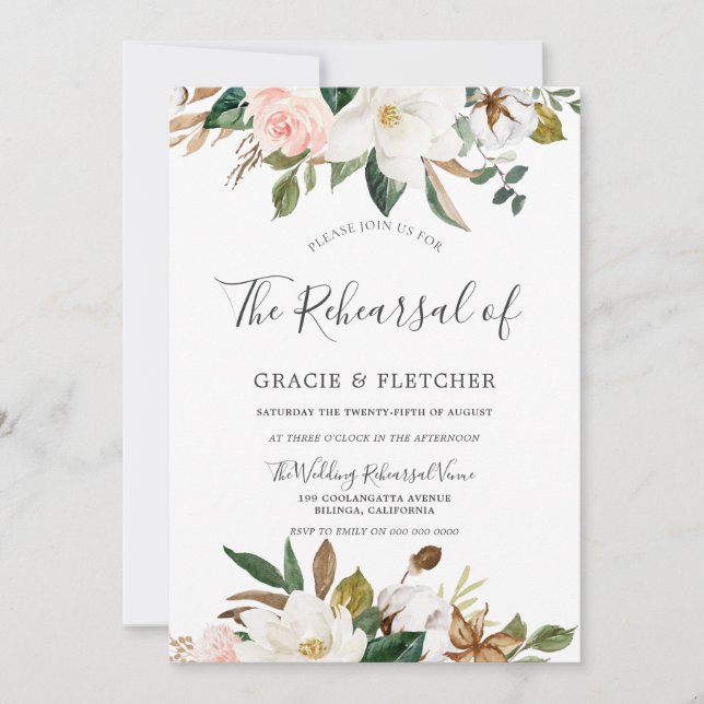 Invitación Ensayo del Boda floral blanco de Rubor (Anverso)