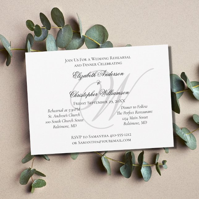 Invitación Ensayo del Boda Monograma Plata Blanca Negra (Black White Silver Formal Rehearsal Dinner Invitation with Monogram)