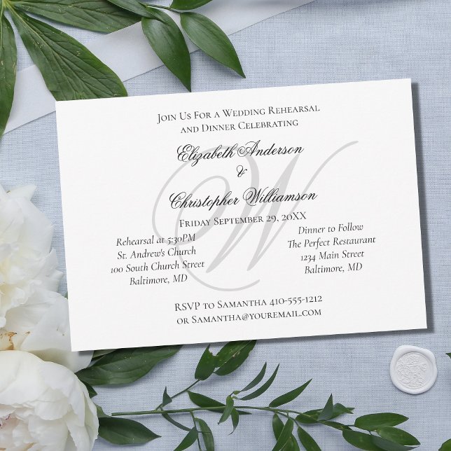 Invitación Ensayo del Boda Monograma Plata Blanca Negra (Subido por el creador)