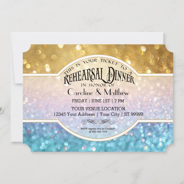 Invitación Ensayo Dinne Bokeh Movie Ticket Style Gold Blue (Anverso)