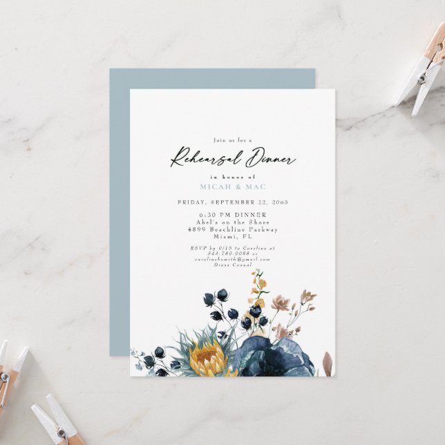 Invitación Ensayo floral azul y girasol (Anverso/Reverso In Situ)