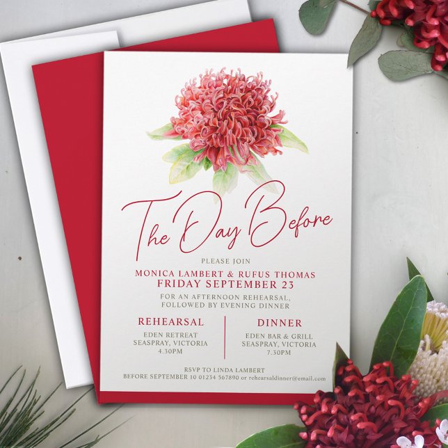 Invitación Ensayo floral de waratah rojo día antes del boda (Subido por el creador)