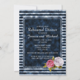 Invitación Ensayo floral vintage de la franja blanca azul de 