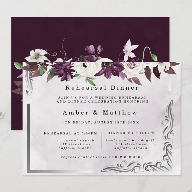 Invitación Ensayo geométrico floral de plata de ciruelas (Anverso / Reverso)