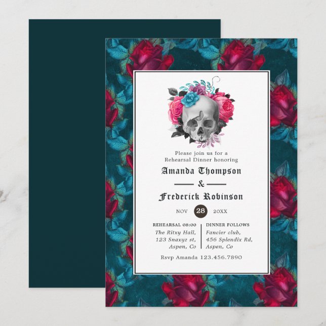 Invitación Ensayo gótico floral verde azulado y borgoñés Cena (Anverso / Reverso)