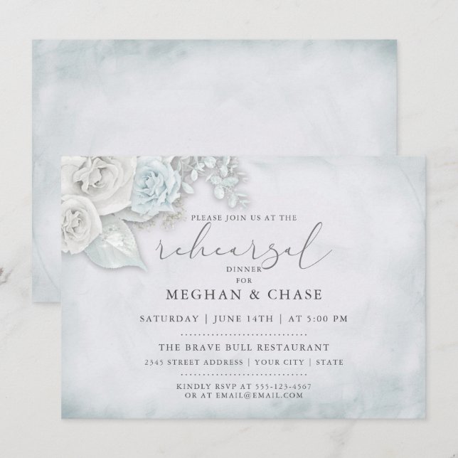 Invitación Ensayo Hielo Vintage Roses Blancas Azules (Anverso / Reverso)