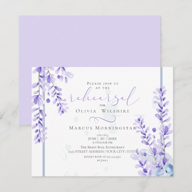 Invitación Ensayo | Lavanda acuarela - Floral azul turbia (Anverso / Reverso)