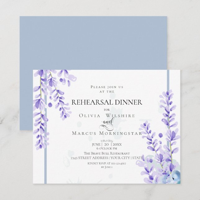 Invitación Ensayo | Lavanda acuarela - Floral azul turbia (Anverso / Reverso)