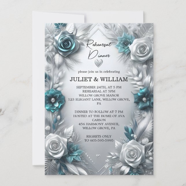 Invitación Ensayo metalizado Glam Shiny High-End Silver Cena (Anverso)