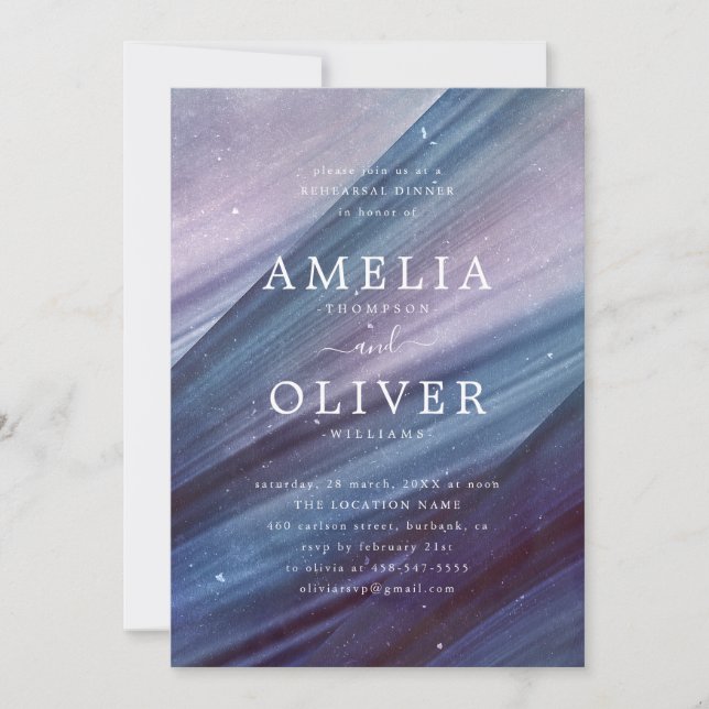 Invitación Ensayo minimalista de abstrato azul y púrpura (Anverso)