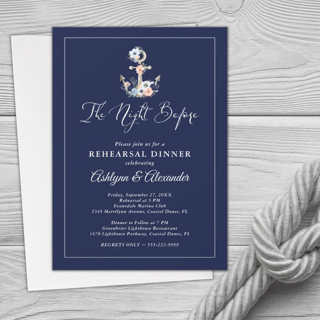 Invitación Ensayo Nautical Elegant Floral Anchor Naval (Subido por el creador)