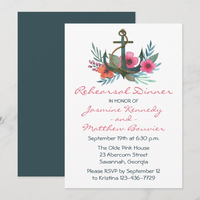 Invitación Ensayo Náutico Ancla Floral Rosa Verde azulado (Anverso / Reverso)