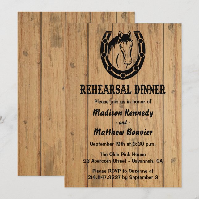 Invitación Ensayo occidental cena Boda rústico de madera de c (Anverso / Reverso)