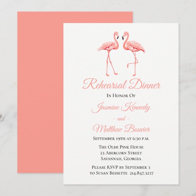 Invitación Ensayo rosa Cena Boda Flamingo Playa Luau (Anverso / Reverso)