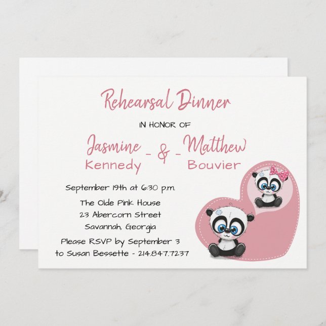 Invitación Ensayo rosa cena Panda Teddy Bear Boda (Anverso / Reverso)