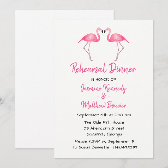Invitación Ensayo rosa tropical Cena Boda Flamingo (Anverso / Reverso)