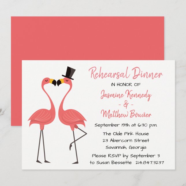 Invitación Ensayo rosa tropical Cena Boda Flamingo (Anverso / Reverso)