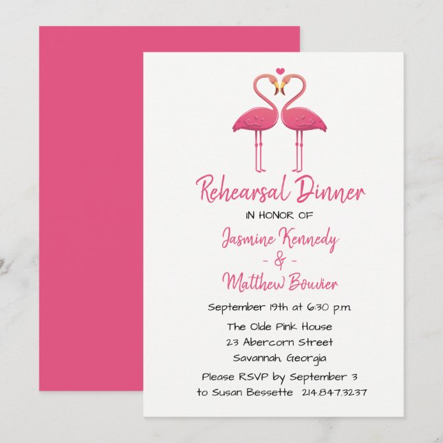 Invitación Ensayo rosa tropical Cena Boda Flamingo (Anverso / Reverso)