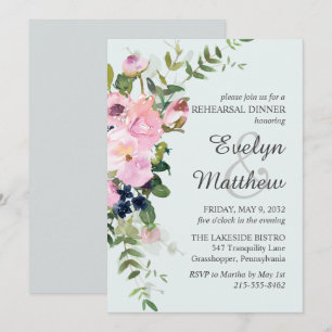 Invitación Ensayo Rubor Rosa Floral Bouquet Blue
