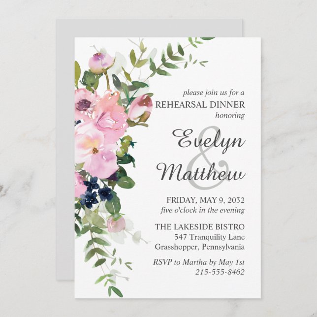 Invitación Ensayo Rubor Rosa Floral Bouquet Gray (Anverso / Reverso)