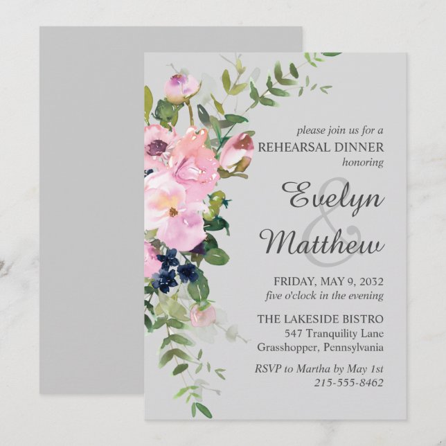 Invitación Ensayo Rubor Rosa Floral Bouquet Gray (Anverso / Reverso)