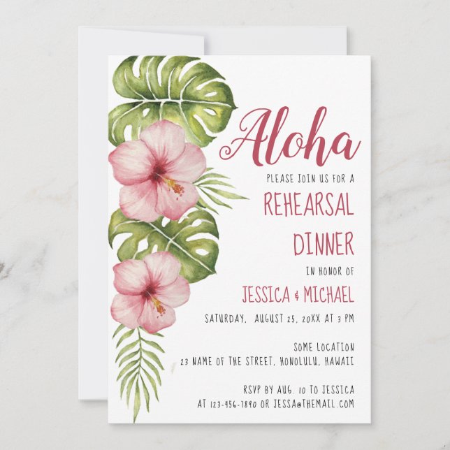 Invitación Ensayo tropical Cena Aloha Floral acuarela (Anverso)