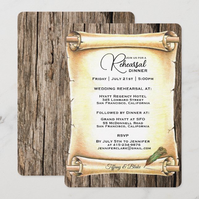 Invitación Ensayo único de Boda de plumas de desplazamiento y (Anverso / Reverso)