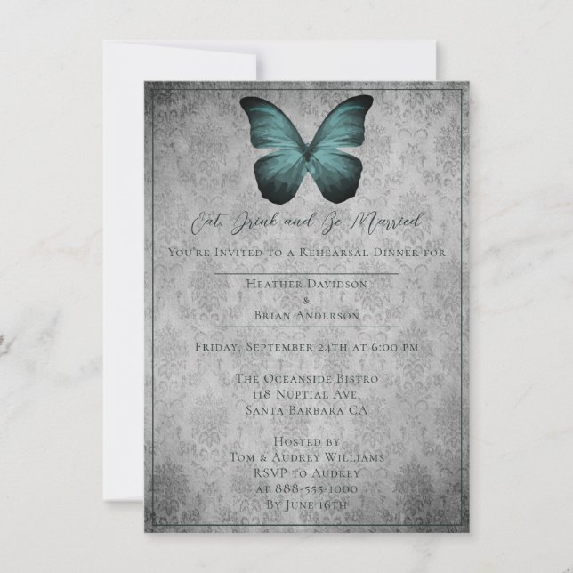 Invitación Ensayo verde azulado de damasco de mariposa de épo (Anverso)