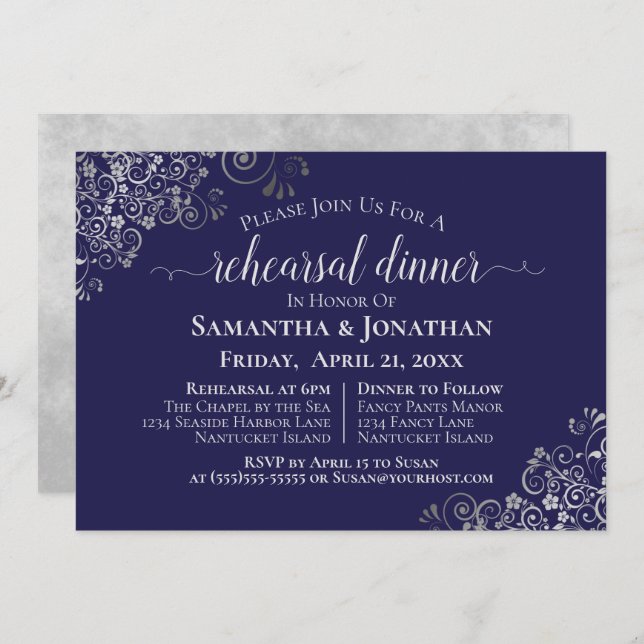 Invitación Ensayo y cena de Boda azul de la Marina de Plata (Anverso / Reverso)