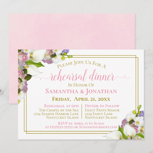 Invitación Ensayo y cena de Boda rosa floral de primavera (Anverso / Reverso)
