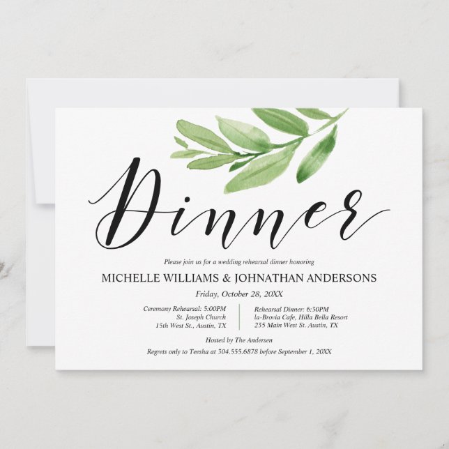 Invitación Ensayo y cena de Boda rústico verde (Anverso)