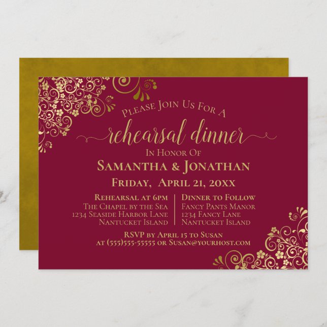 Invitación Ensayo y cena de Maroon Burgundy y Boda de oro (Anverso / Reverso)