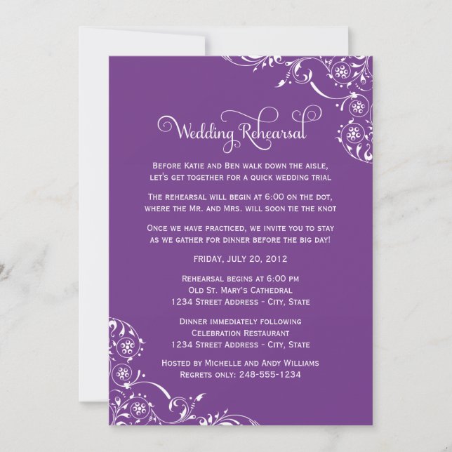Invitación Ensayo y cena del Boda Royal Purple (Anverso)