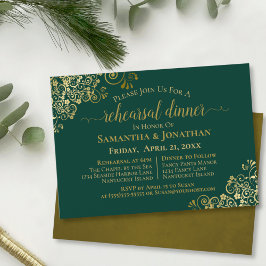 Invitación Ensayo y cena del Boda verde de esmeralda dorada