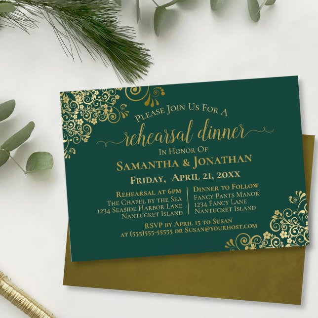 Invitación Ensayo y cena del Boda verde de esmeralda dorada (Subido por el creador)