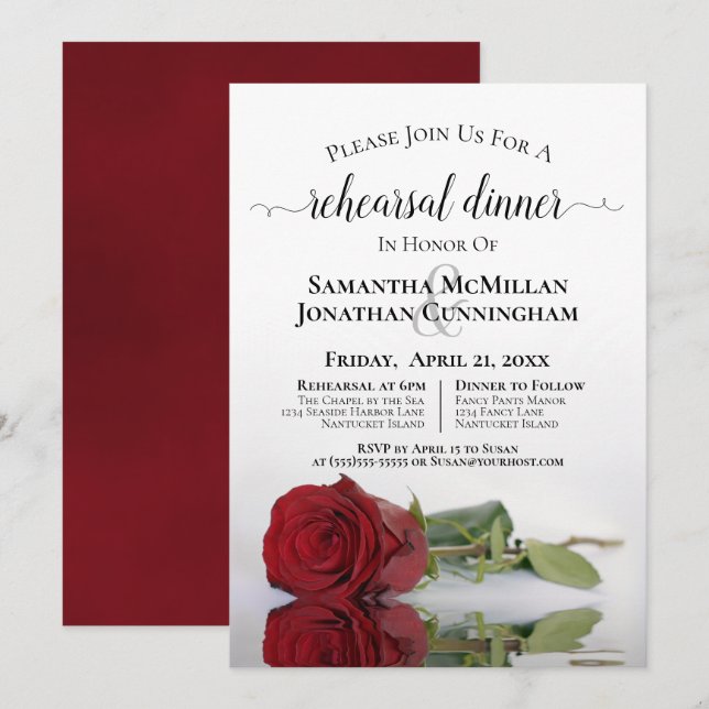 Invitación Ensayo y cena romántico de Boda de la Rosa Roja (Anverso / Reverso)