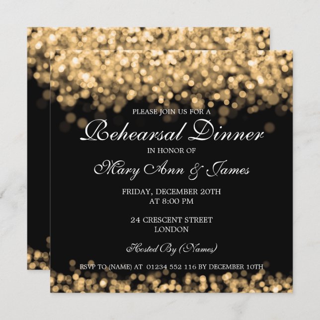 Invitación Ensayos bodas Cena Luces de oro (Anverso / Reverso)