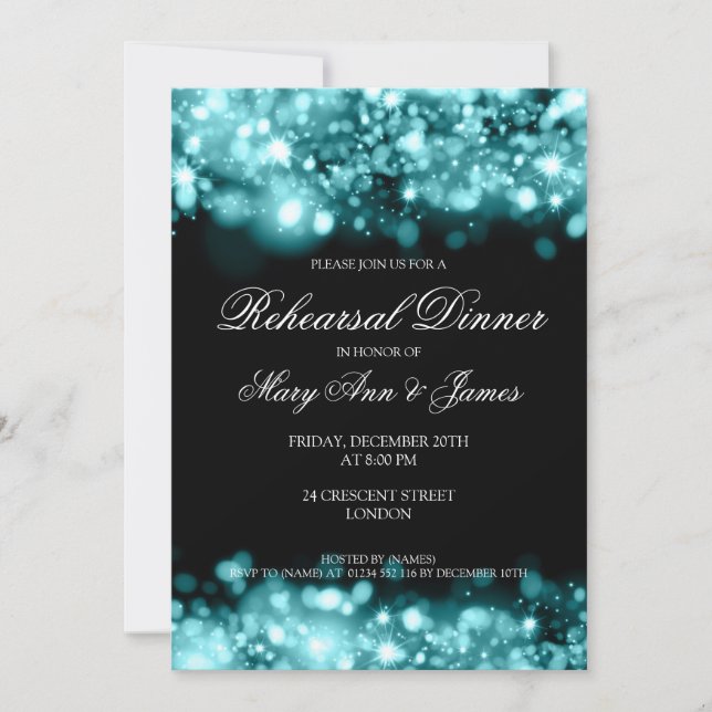 Invitación Ensayos Cena Luces parkling Verde azuladas (Anverso)