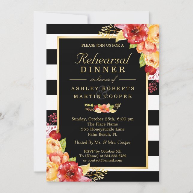 Invitación Ensayos de Boda Caída Cena Bandas Florales de Oro (Anverso)