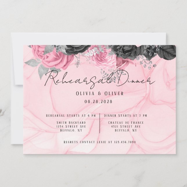 Invitación Ensayos De Encendido Floral De Lujo Rosa Y Negro (Anverso)