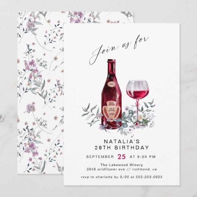 Invitación Ensayos de Vino Rojo Floral | Cumpleaños de la muj (Anverso / Reverso)