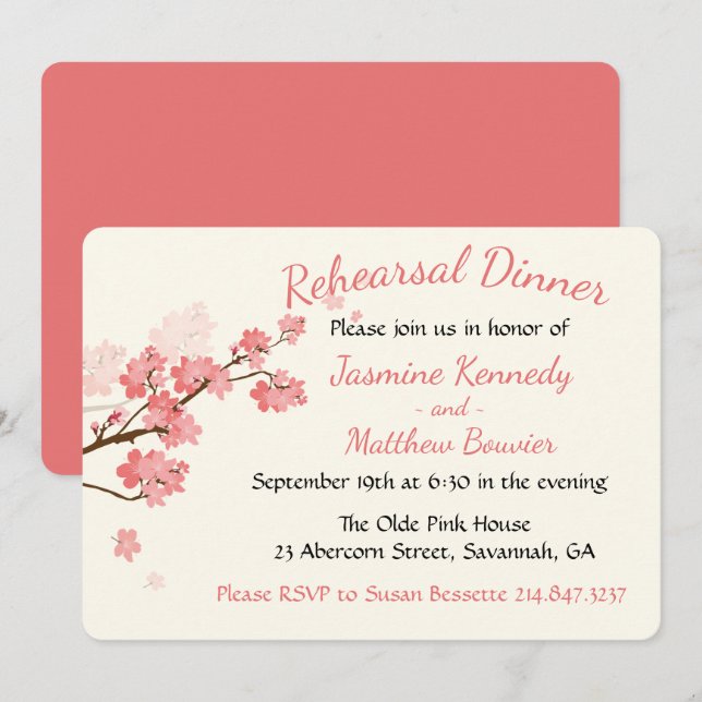 Invitación Ensayos rosas Cena Flor de cerezo (Anverso / Reverso)