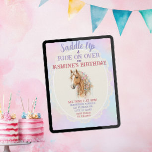 Invitación Ensilla, Acuarela, Floral, Cumpleaños de Caballo