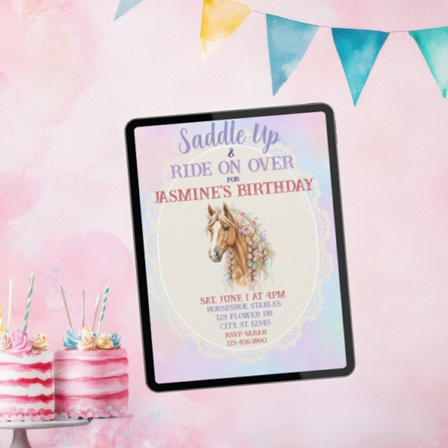 Invitación Ensilla, Acuarela, Floral, Cumpleaños de Caballo (Subido por el creador)