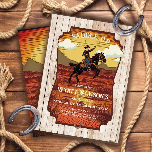 Invitación Ensillar al niño Cowboy Cumpleaños Occidental Wood (Subido por el creador)